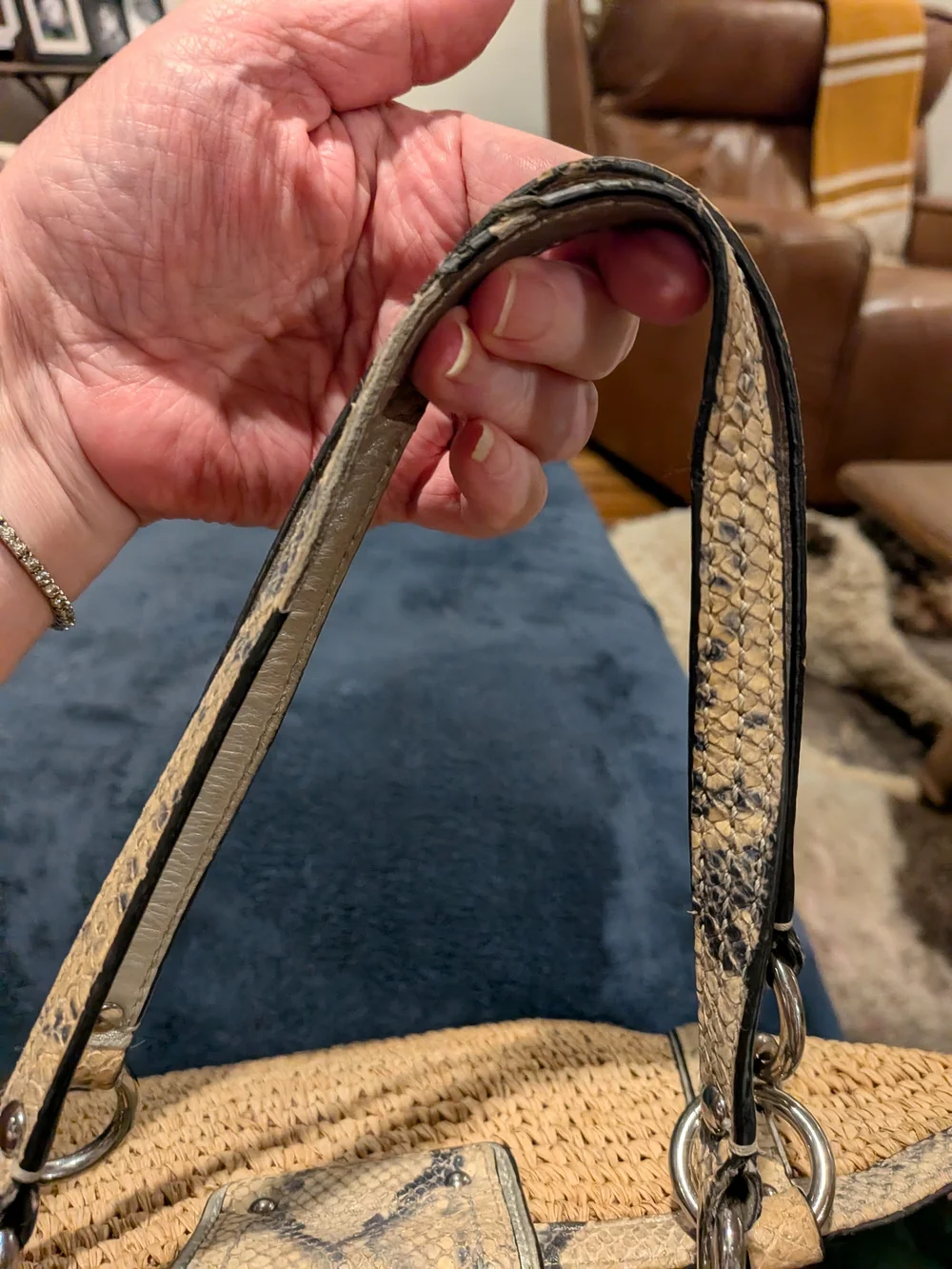 COACH Hampton Woven Straw Tote with Snakeskin Trim - Natural